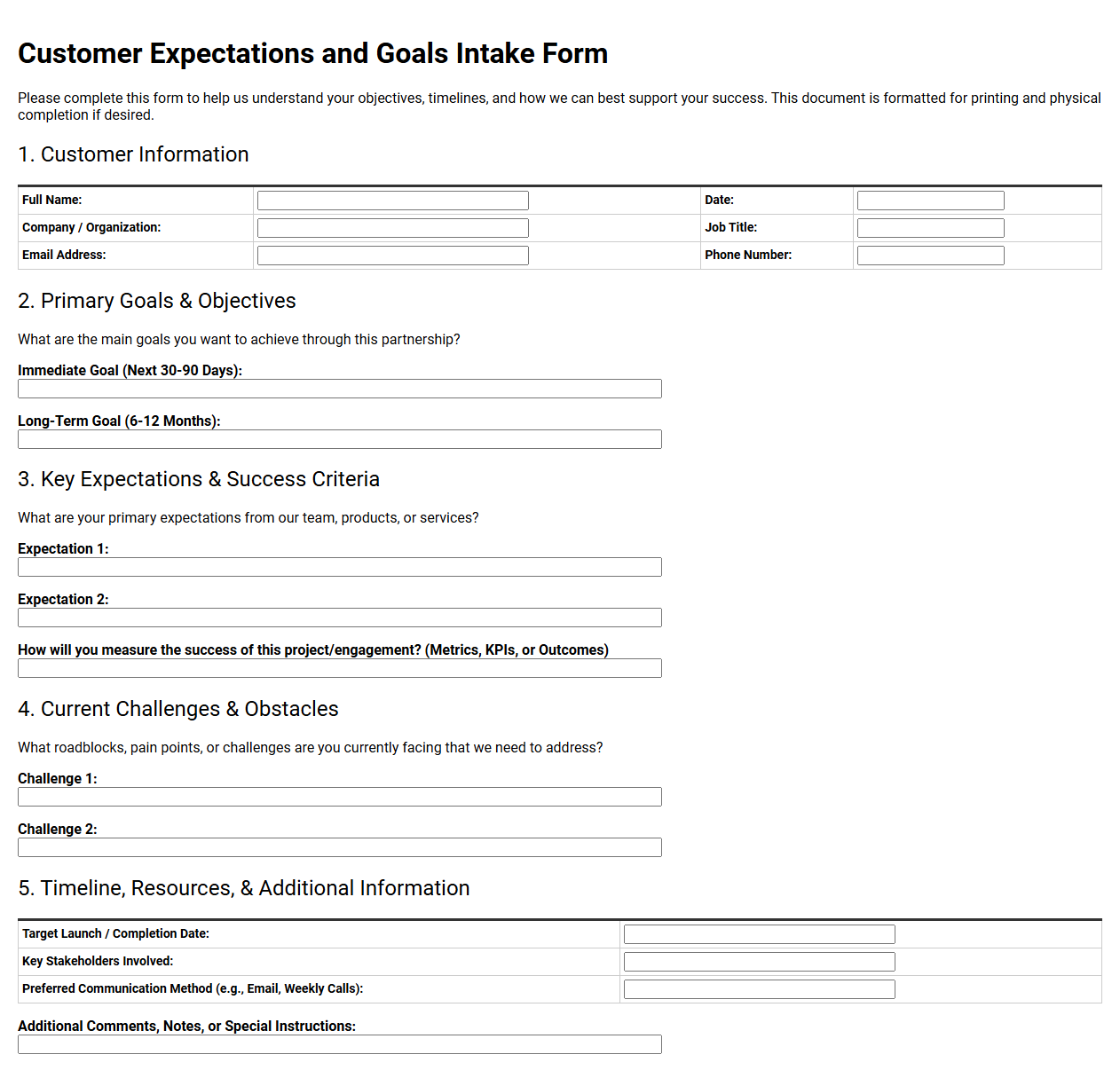 Customer Expectations and Goals Intake Form