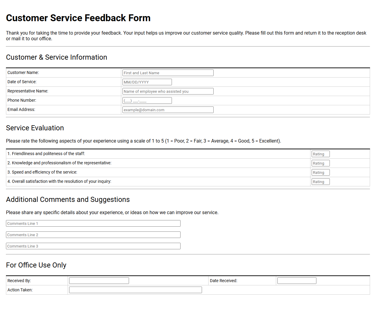Customer Service Feedback Form Template