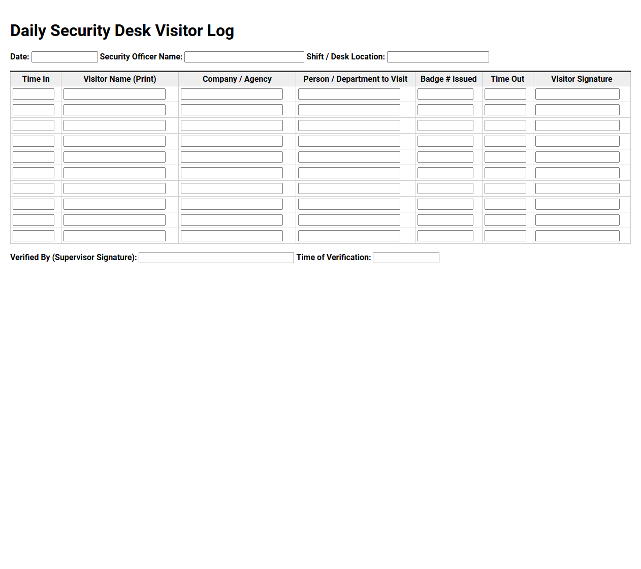 Daily Security Desk Visitor Log