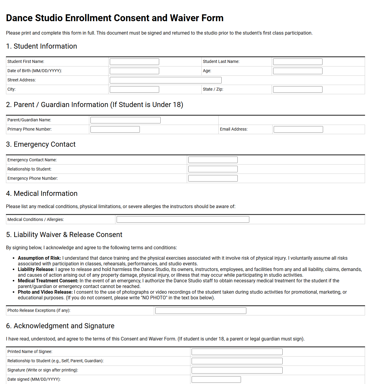 Dance Studio Enrollment Consent and Waiver Form
