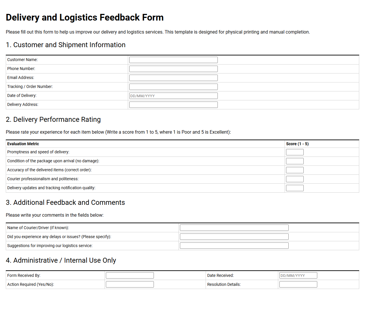 Delivery and Logistics Feedback Form Template