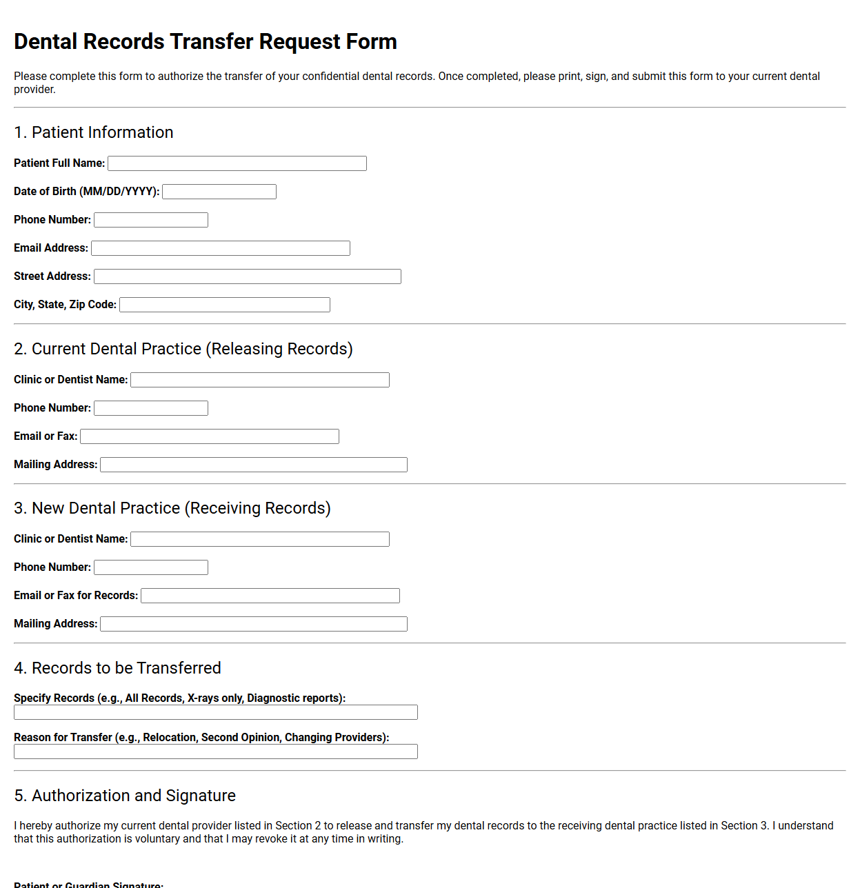 Dental Records Transfer Request Form