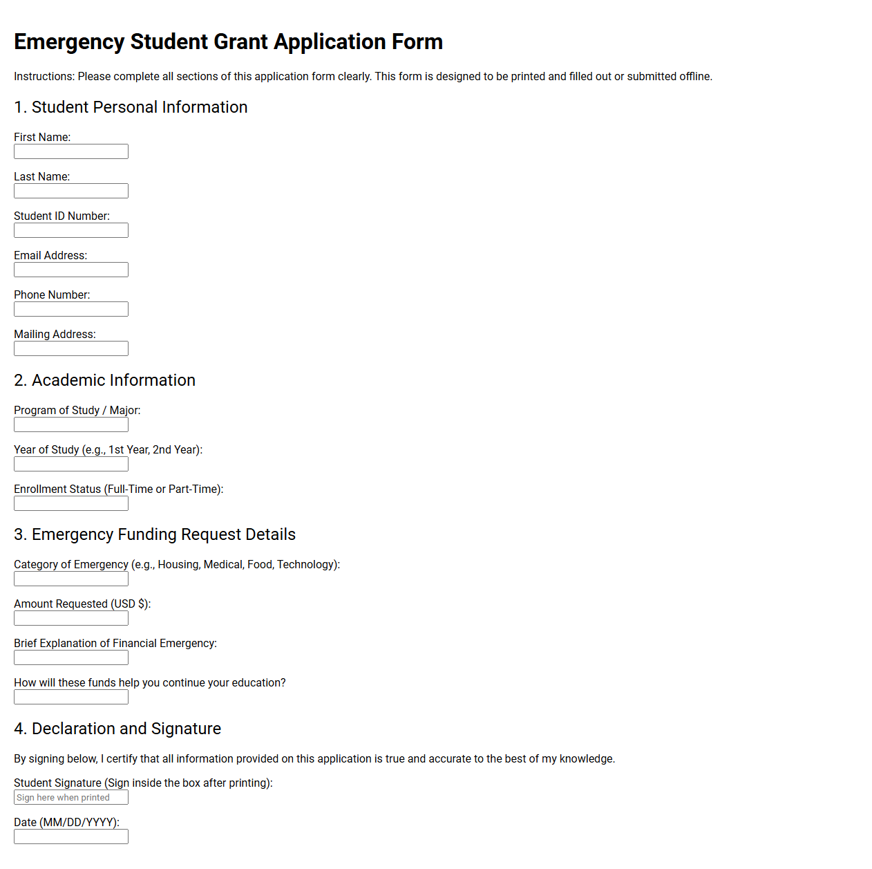 Emergency Student Grant Application Form