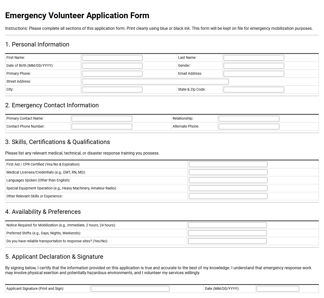 Emergency Volunteer Application Form Template