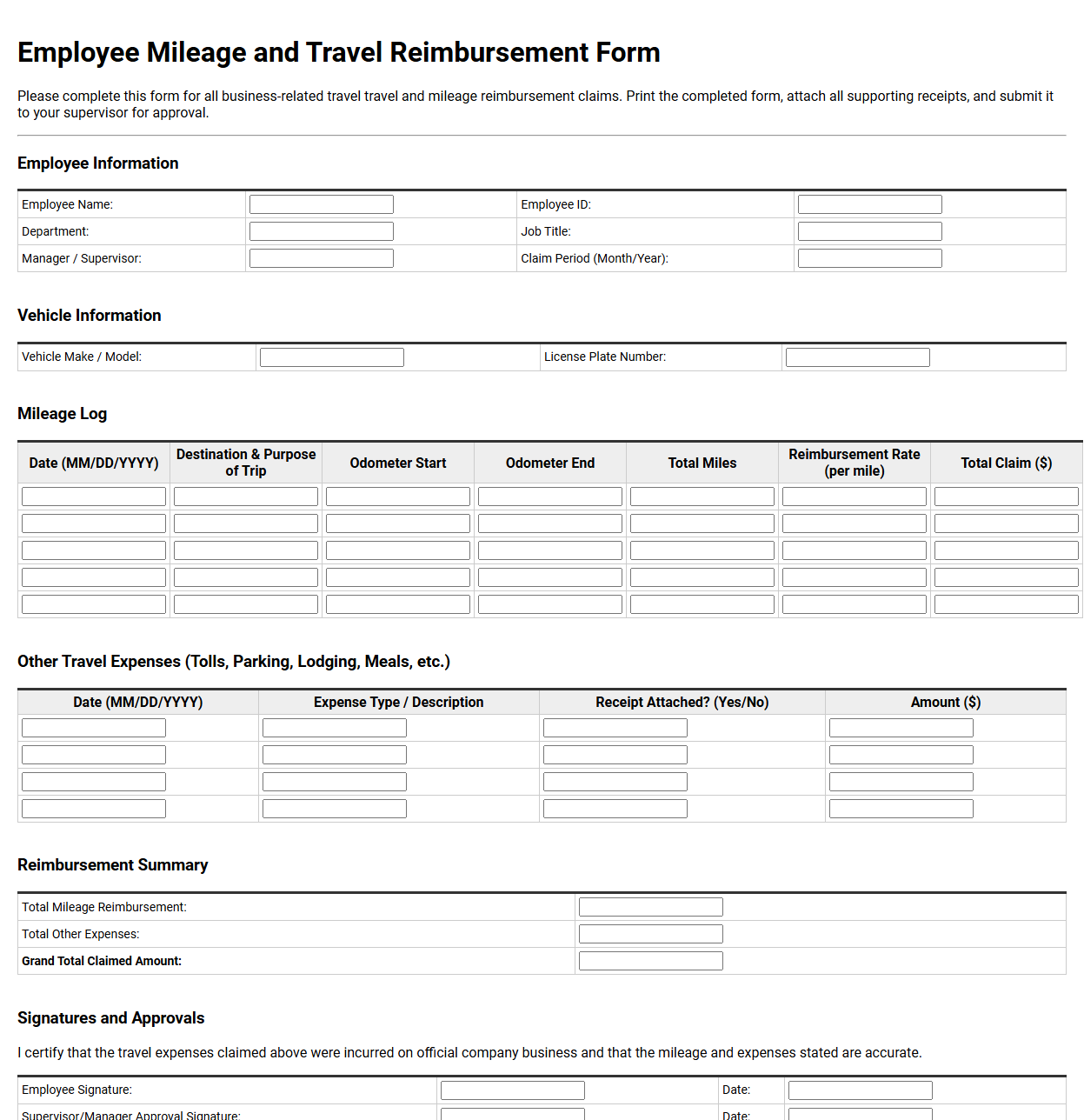 Employee Mileage and Travel Reimbursement Form