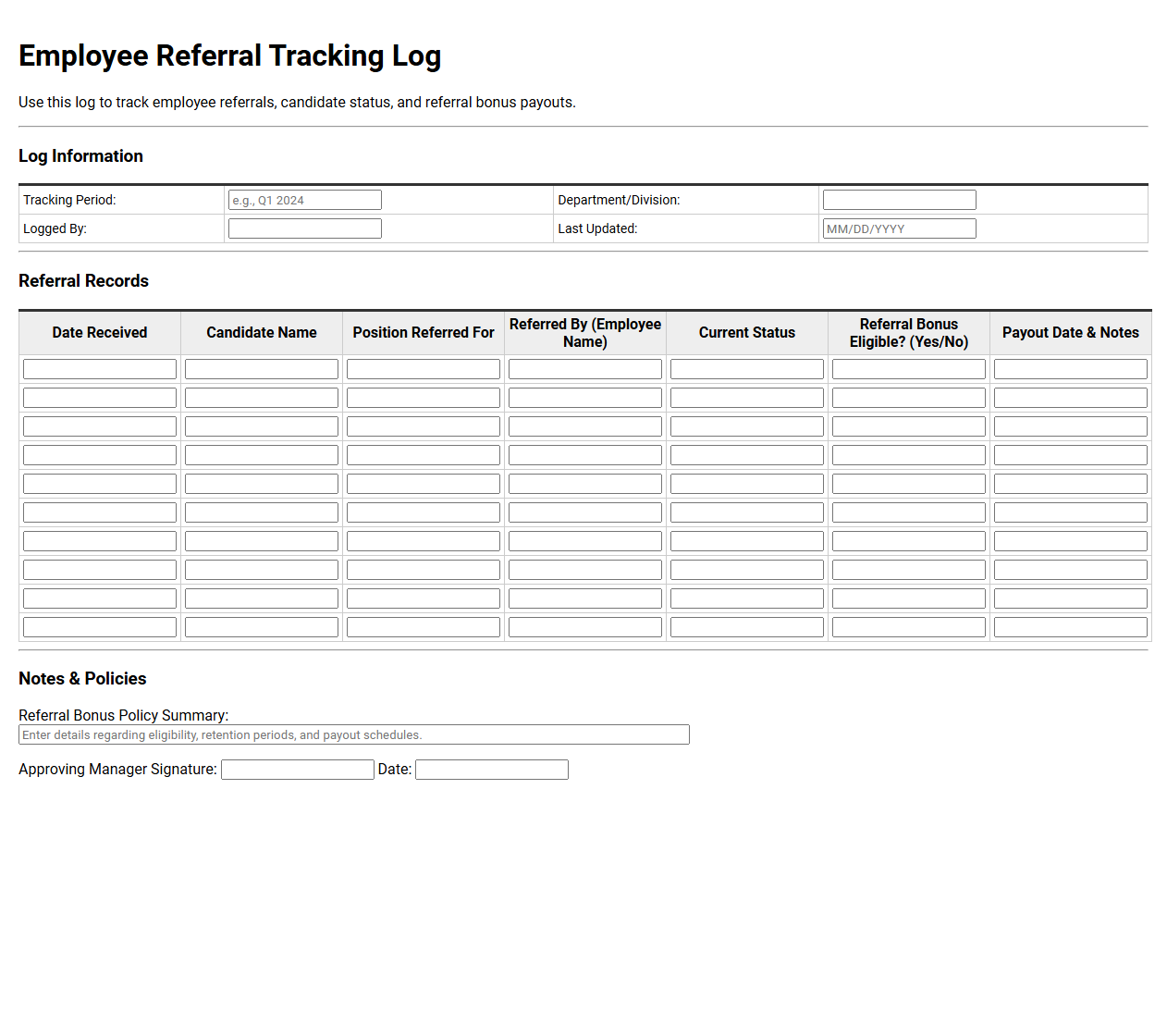 Employee Referral Tracking Log Printable