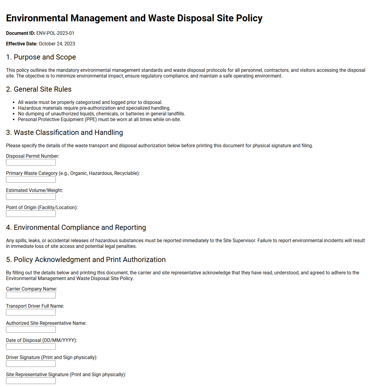 Environmental Management and Waste Disposal Site Policy