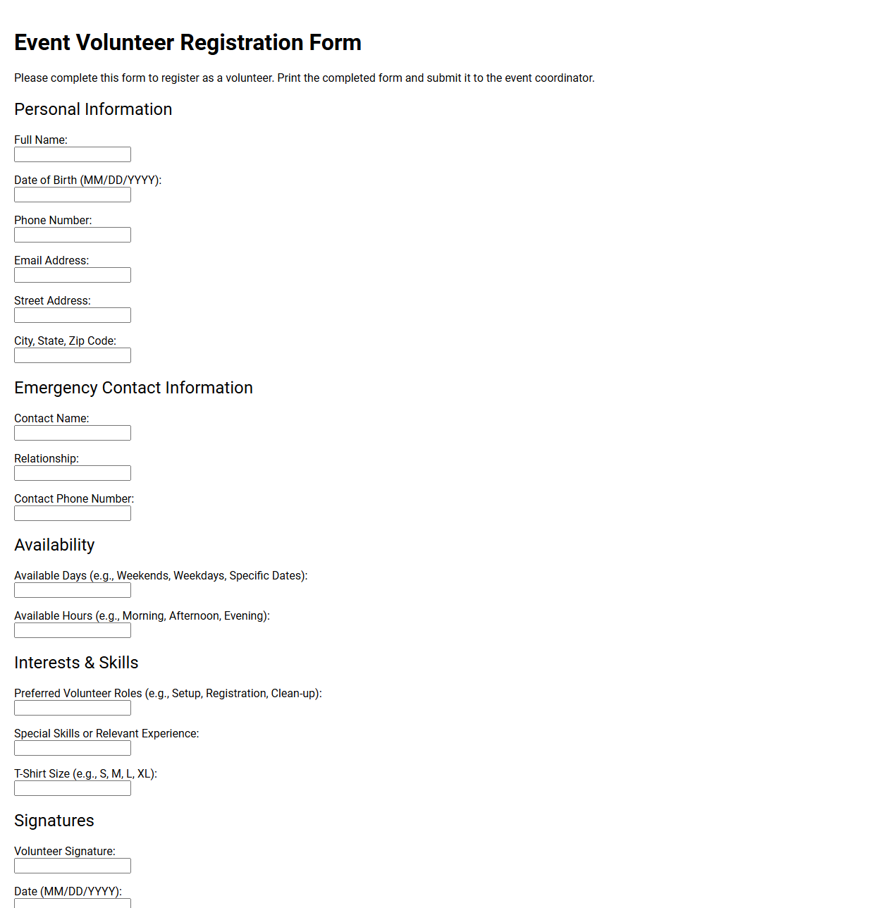 Event Volunteer Registration Form Template