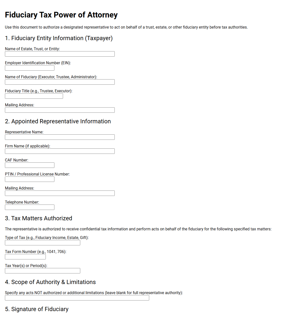 Fiduciary Tax Power of Attorney Template