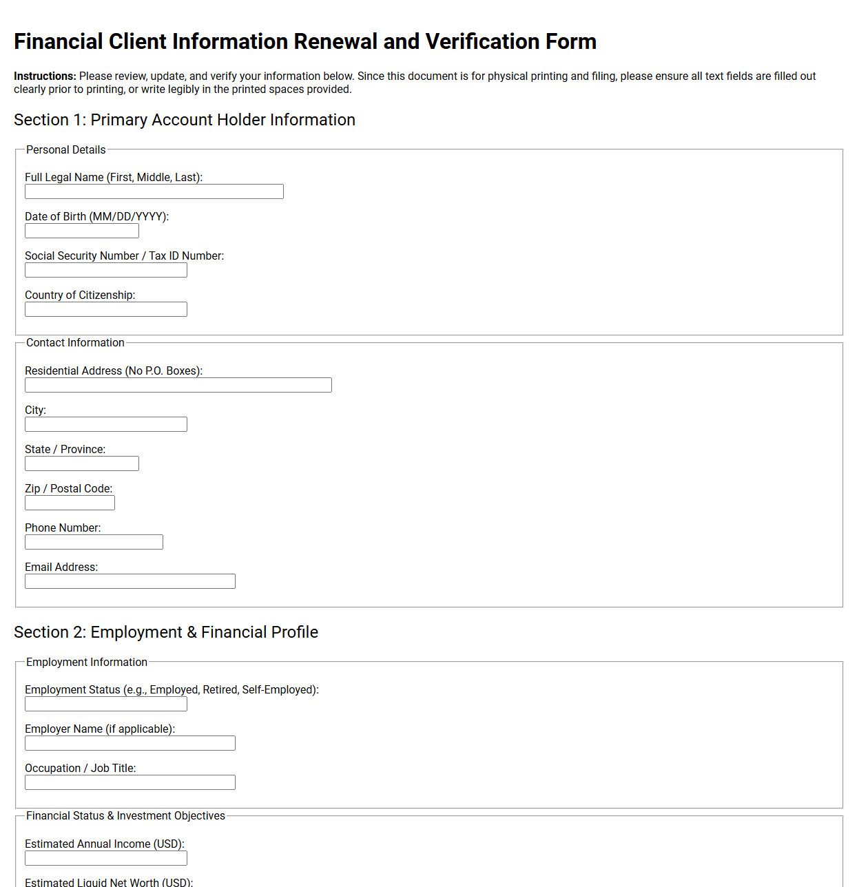 Financial Client Information Renewal and Verification Form