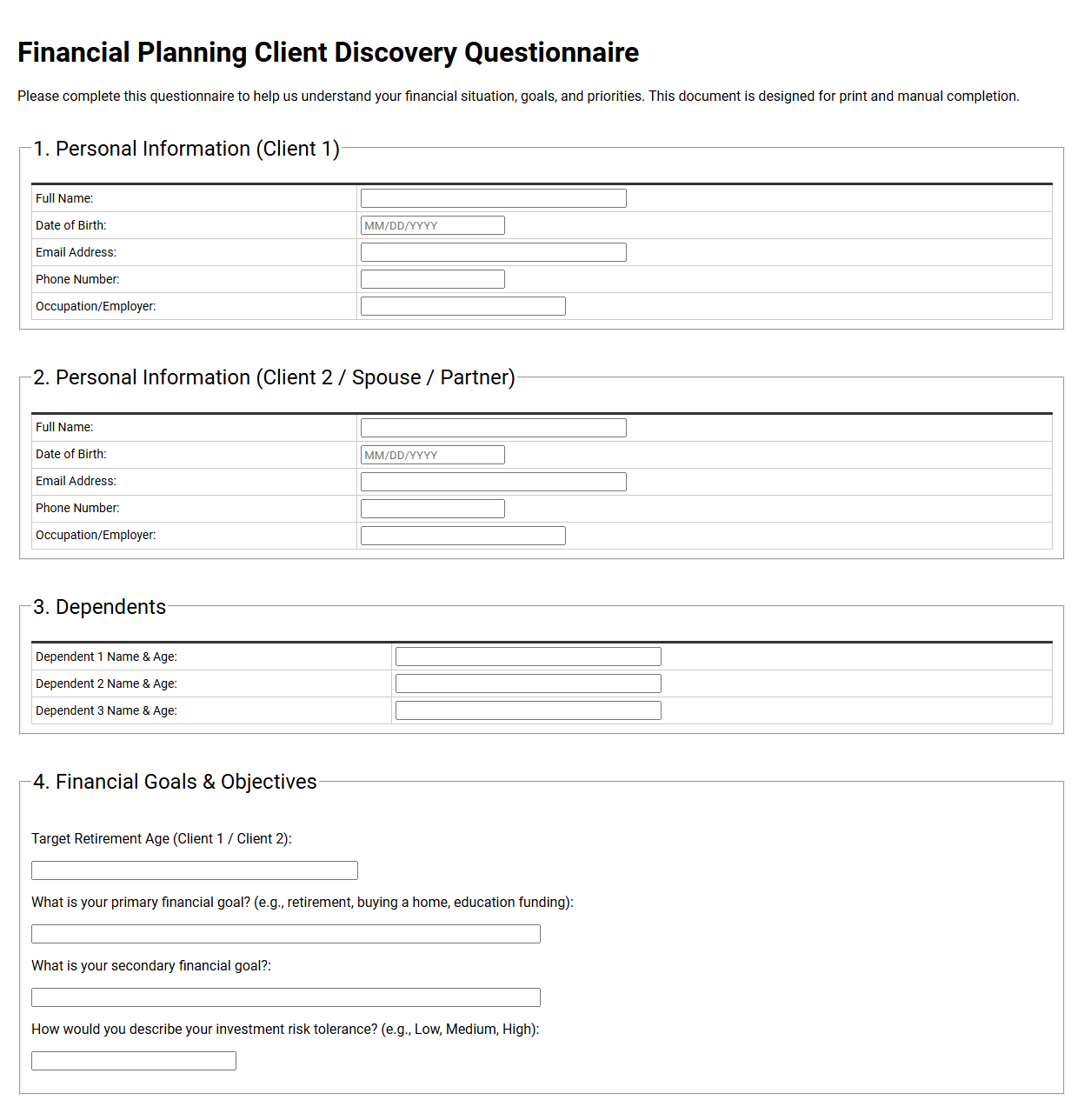 Financial Planning Client Discovery Questionnaire