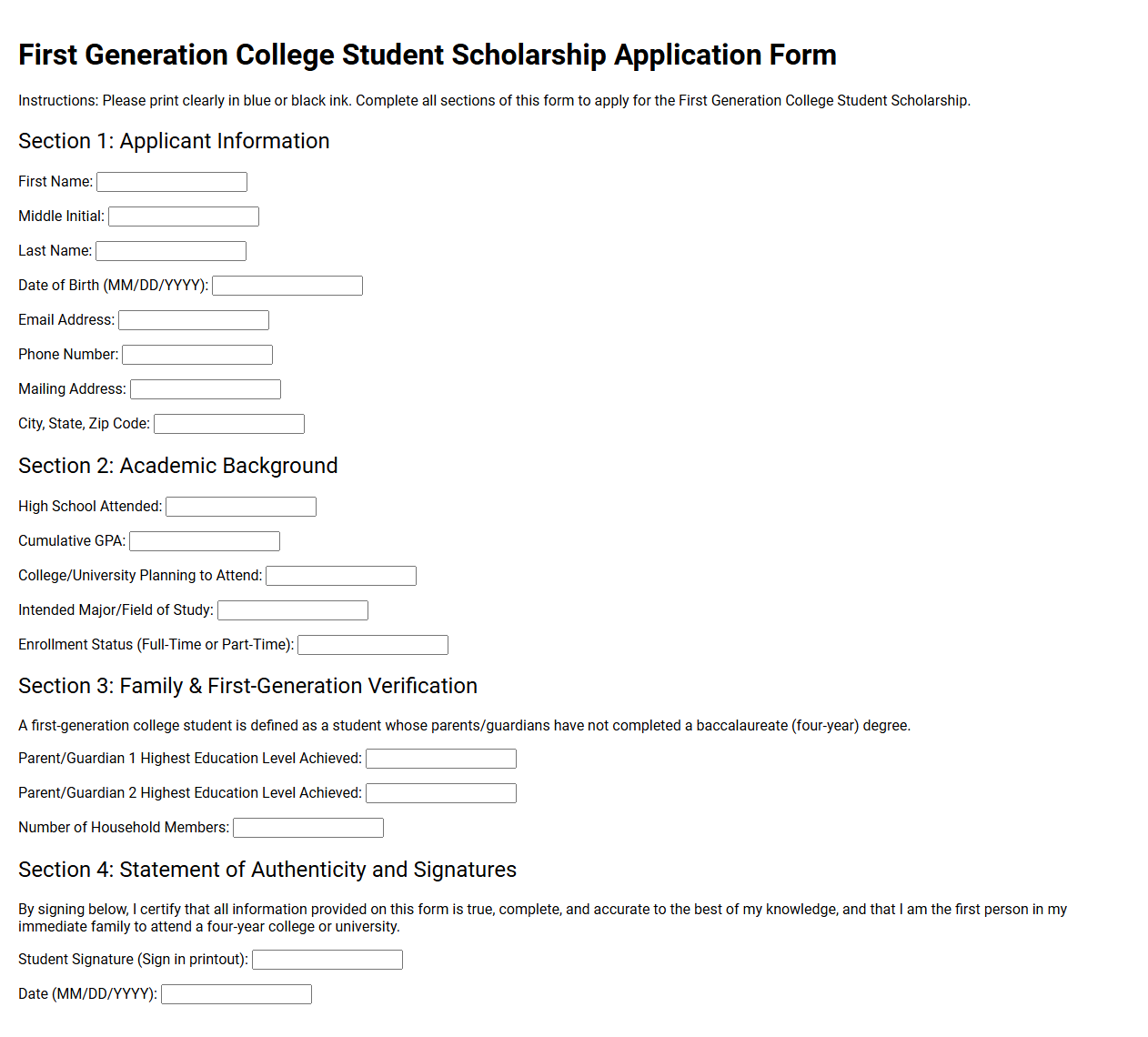 First Generation College Student Scholarship Form