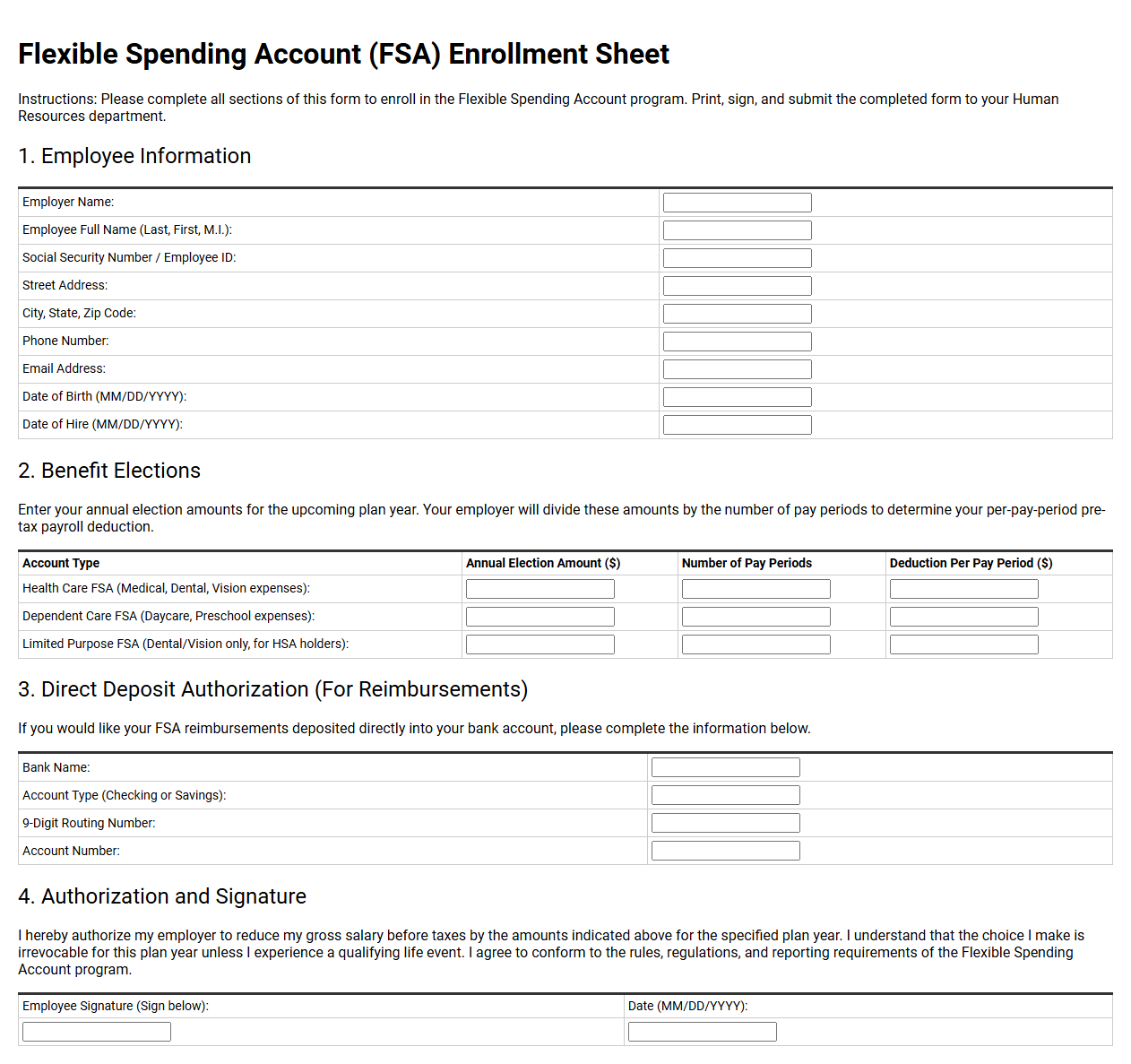 Flexible Spending Account Enrollment Sheet