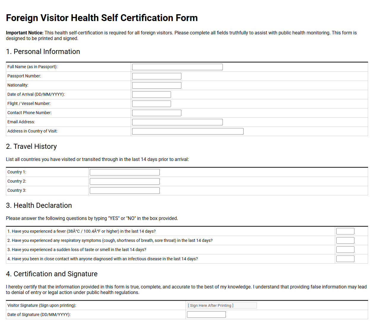 Foreign Visitor Health Self Certification Form