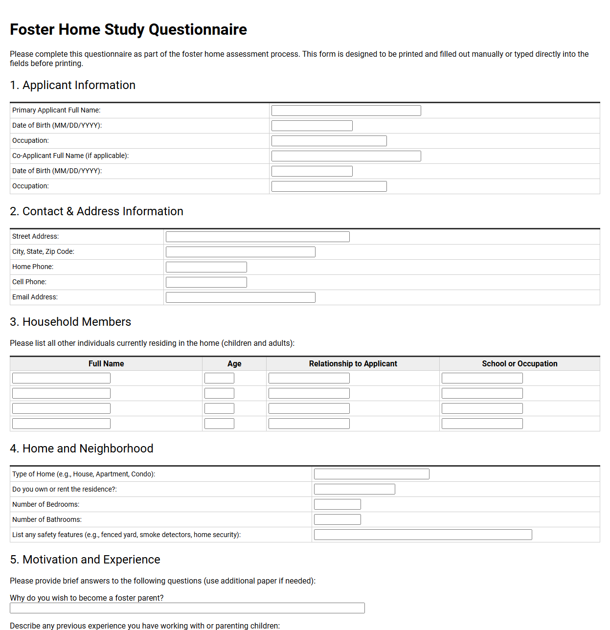 Foster Home Study Questionnaire