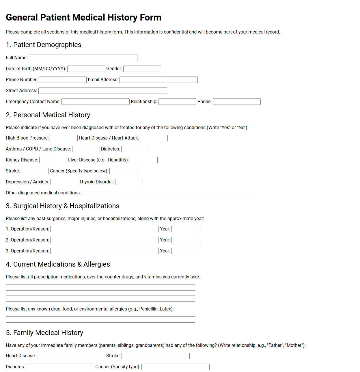 General Patient Medical History Form