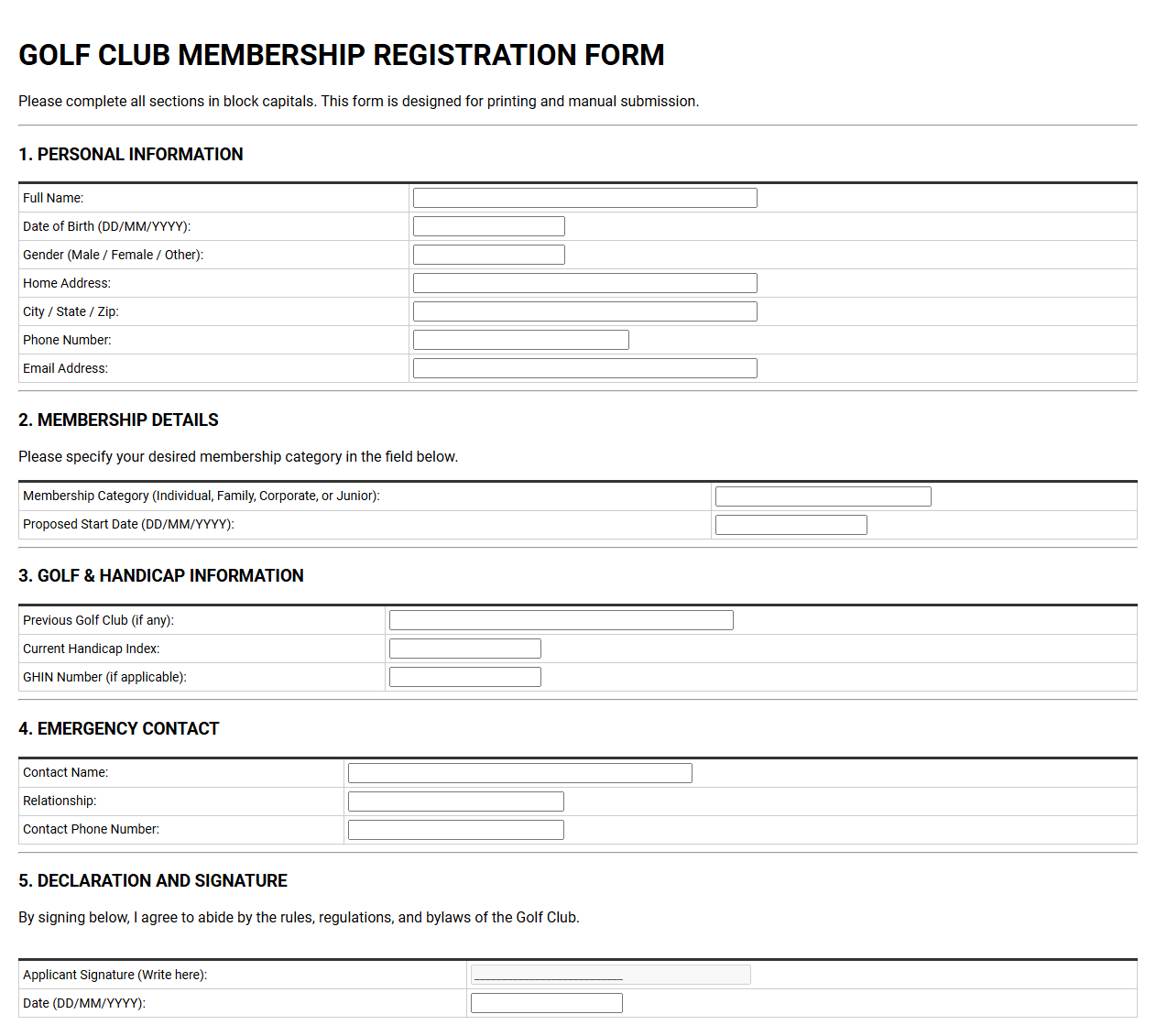 Golf Club Membership Registration Form
