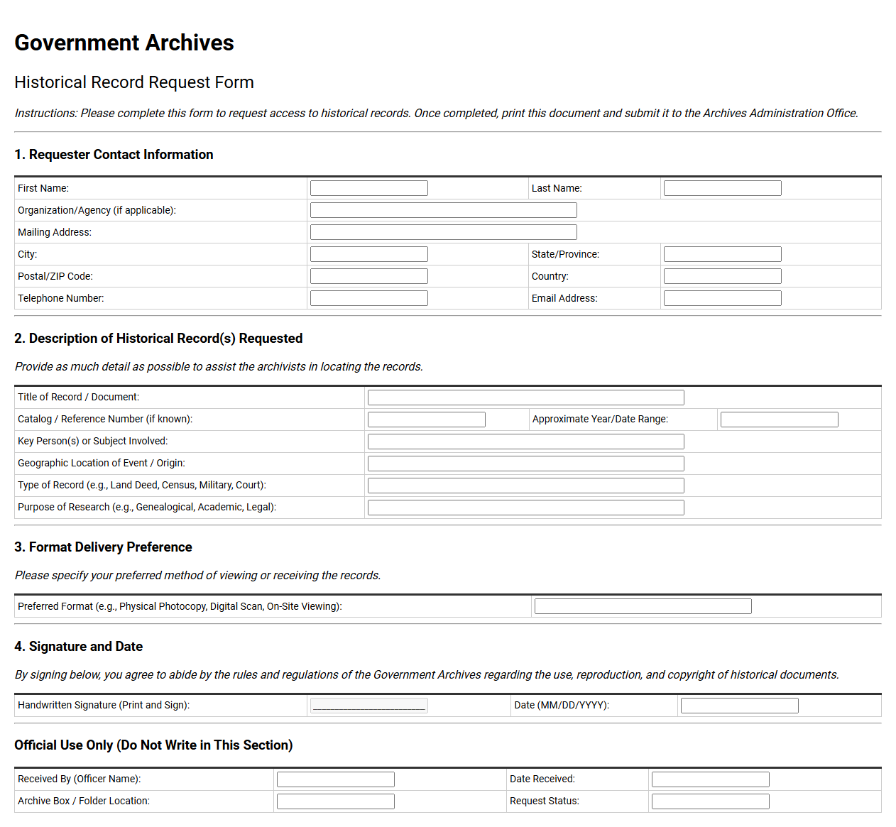 Government Archives Historical Record Request Form