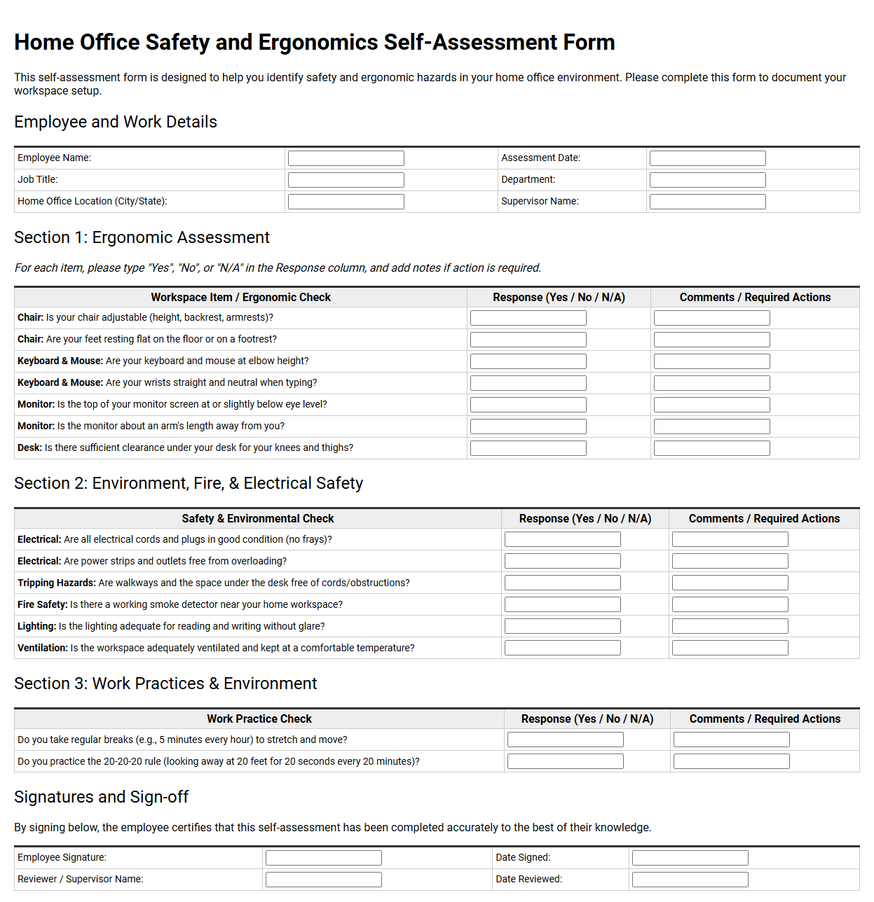 Home Office Safety and Ergonomics Self-Assessment Form