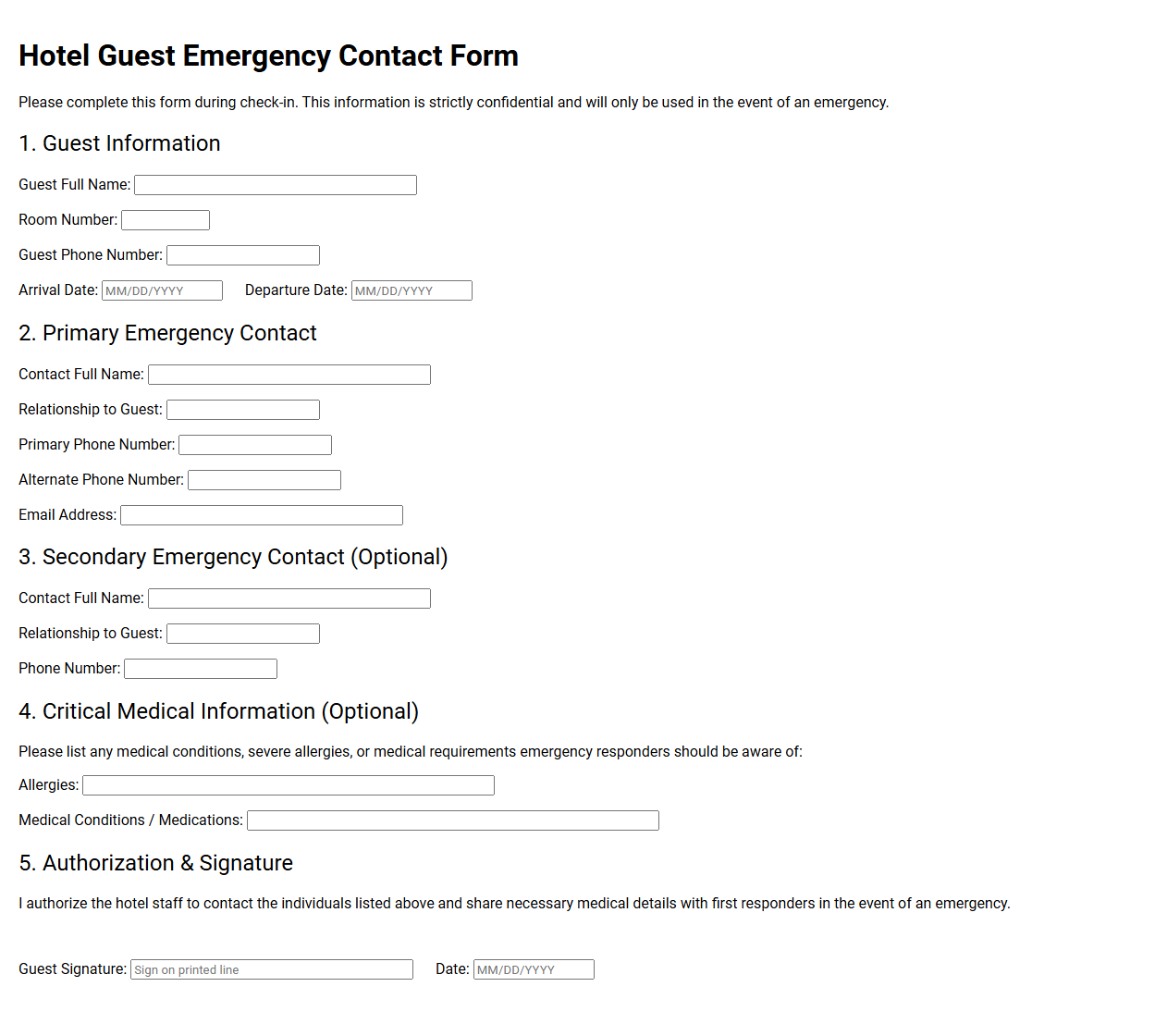 Hotel Guest Emergency Contact Form