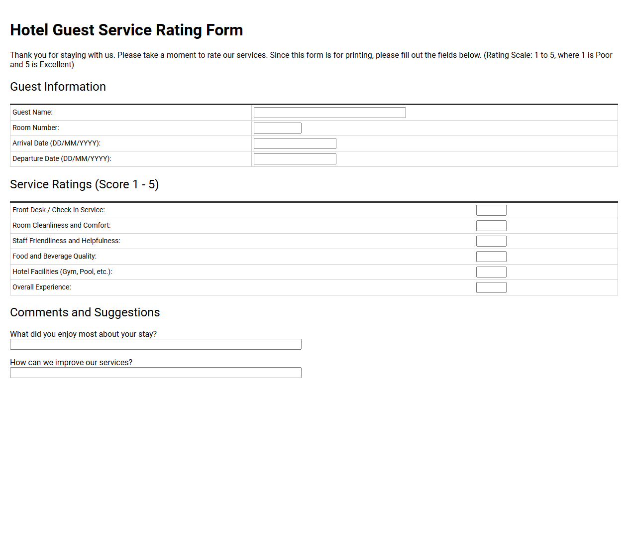 Hotel Guest Service Rating Form
