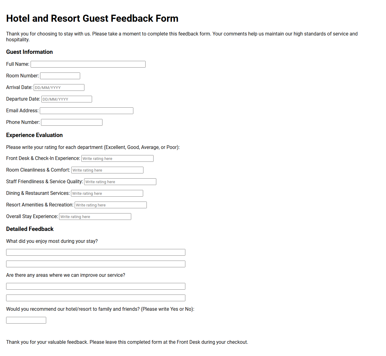 Hotel and Resort Guest Feedback Form