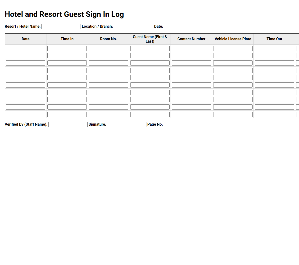 Hotel and Resort Guest Sign In Log