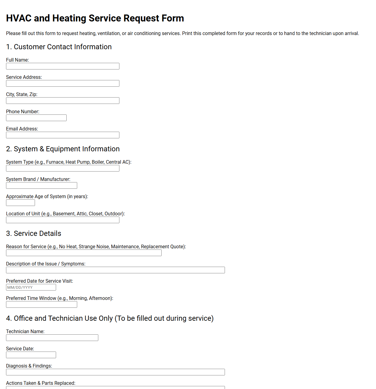 HVAC and Heating Service Request Form