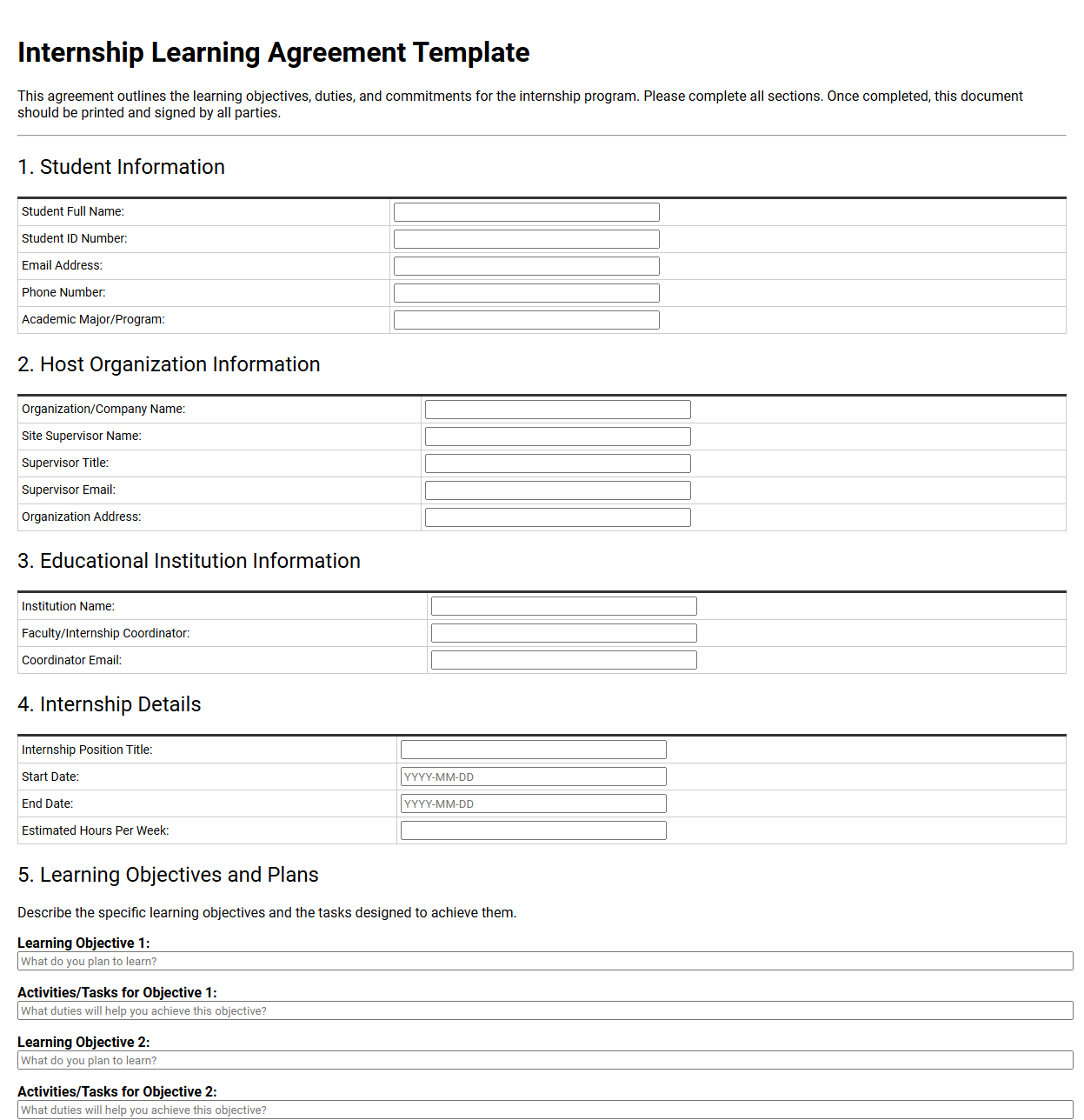 Internship Learning Agreement Template