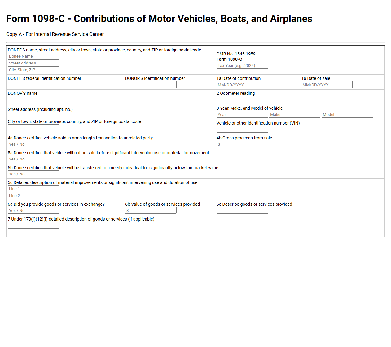 IRS Form 1098-C Vehicle Donation Template