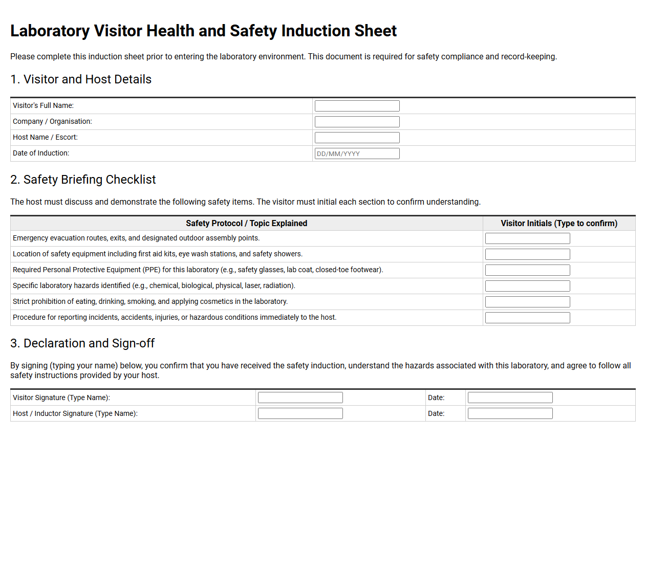 Laboratory Visitor Health and Safety Induction Sheet