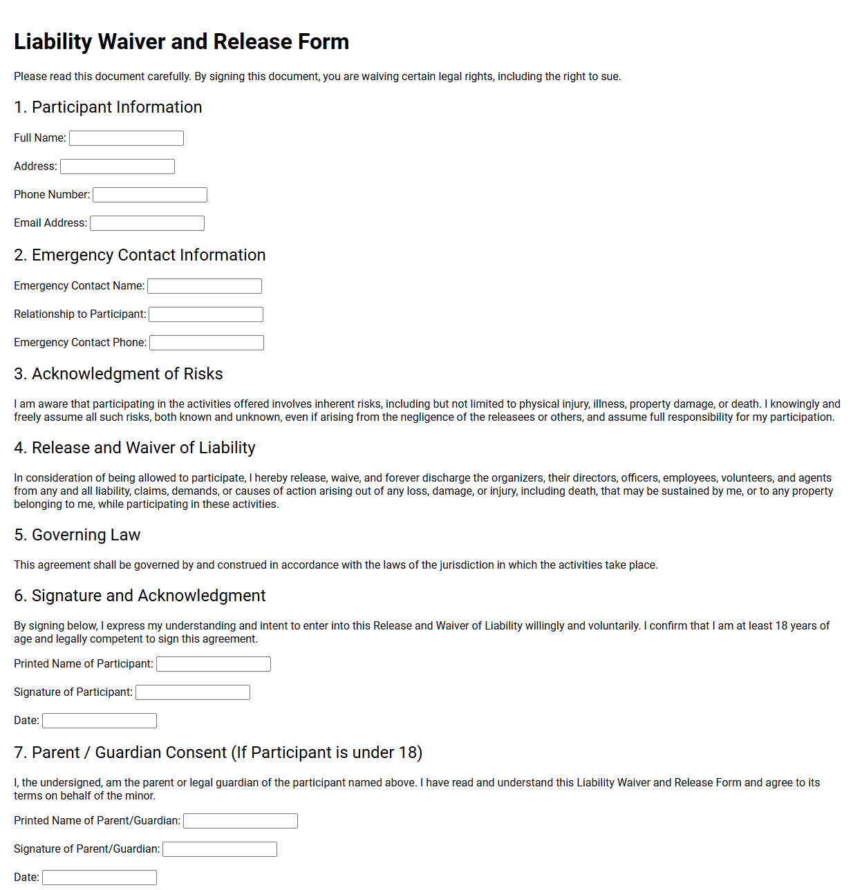 Liability Waiver and Release Form