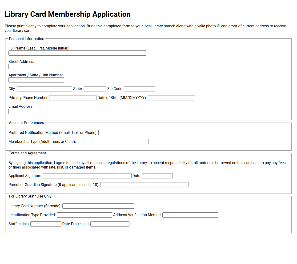 Library Card Membership Application Template