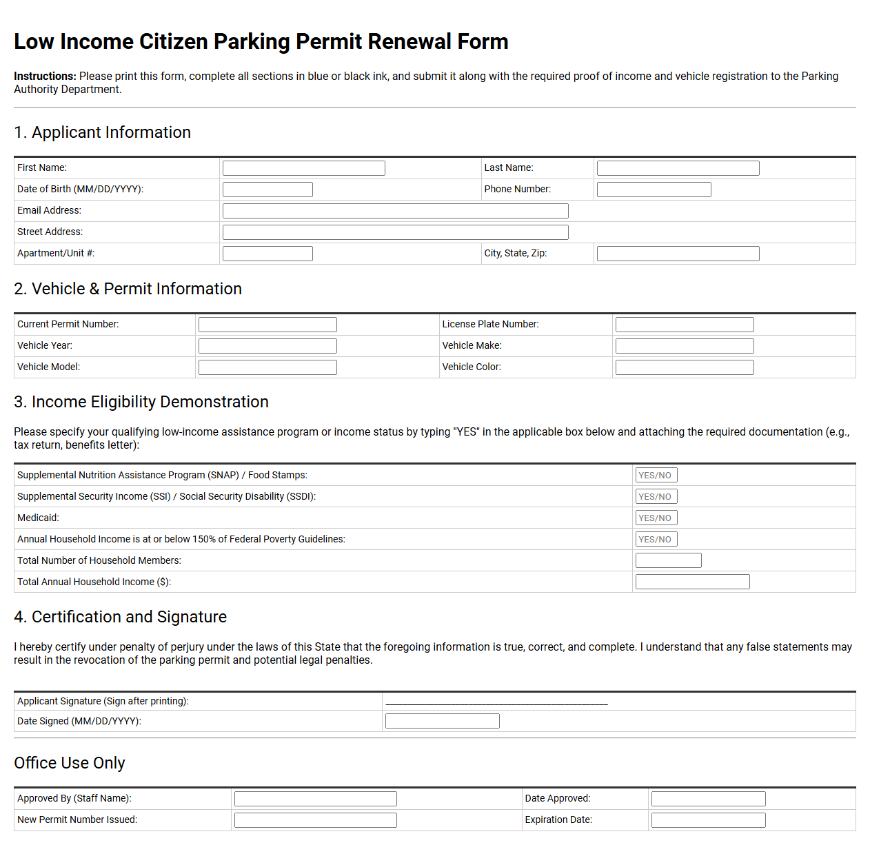 Low Income Citizen Parking Permit Renewal Form