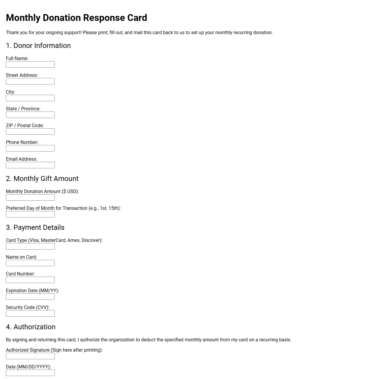 Mailed Monthly Donation Response Card
