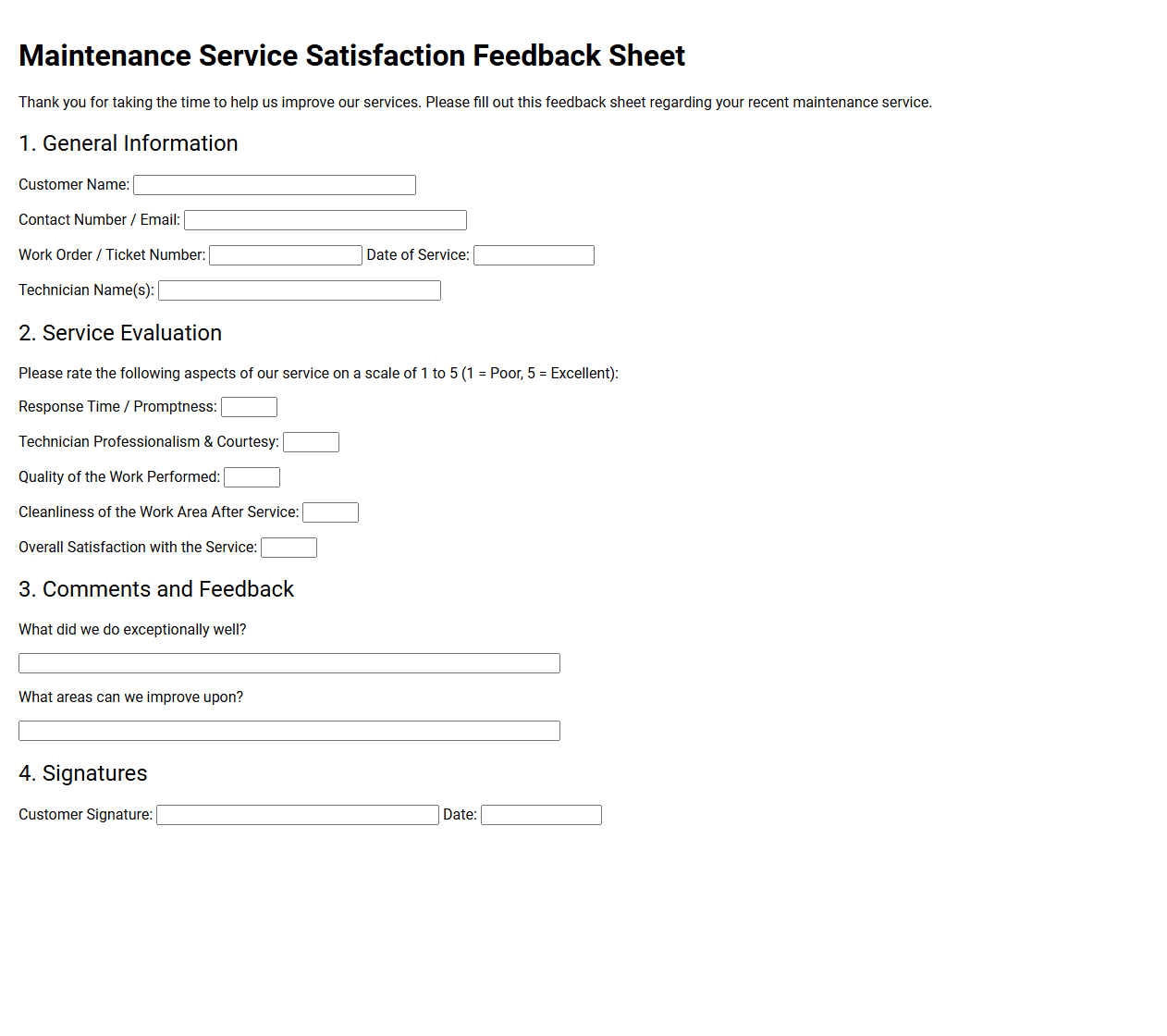 Maintenance Service Satisfaction Feedback Sheet