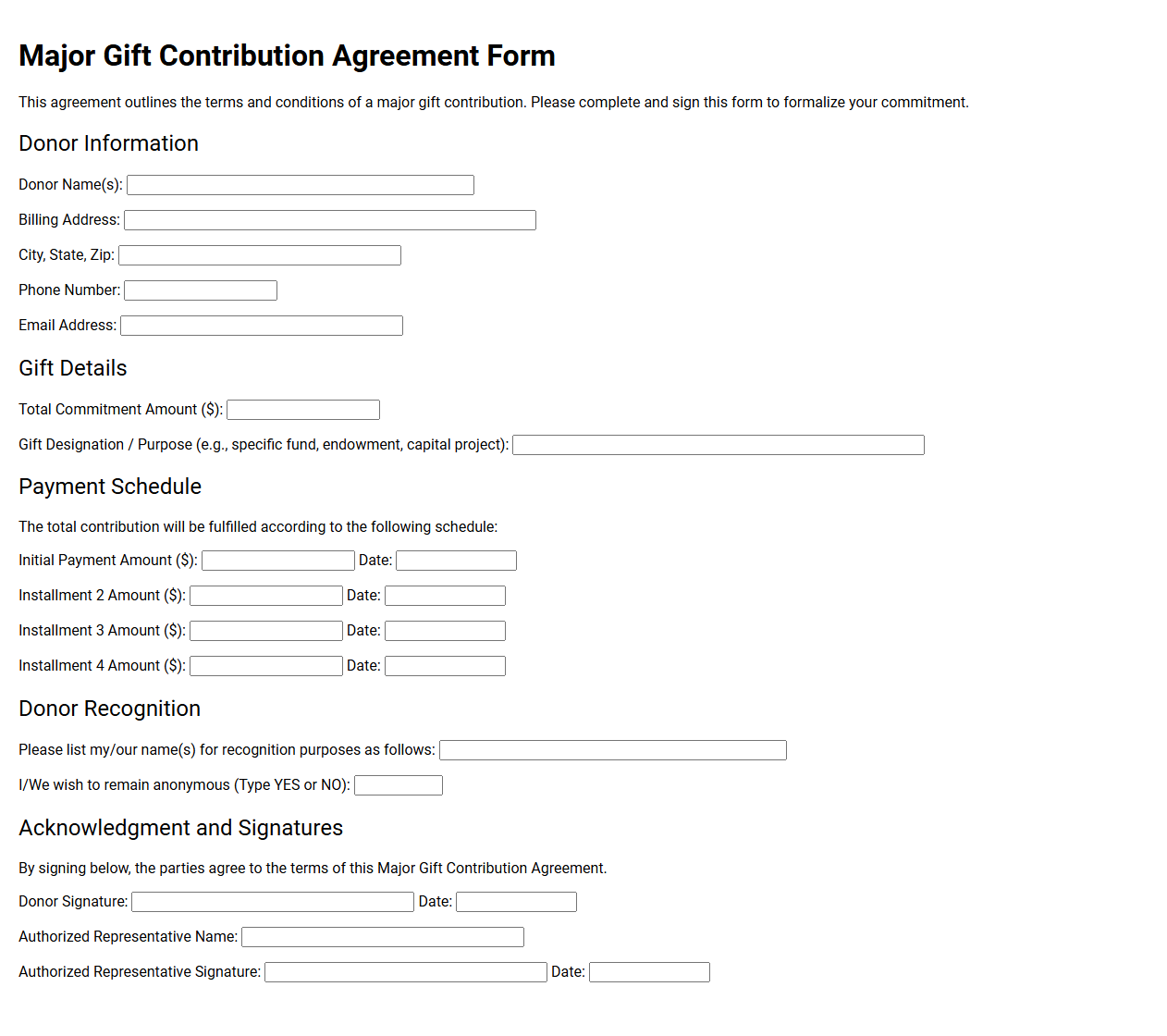 Major Gift Contribution Agreement Form