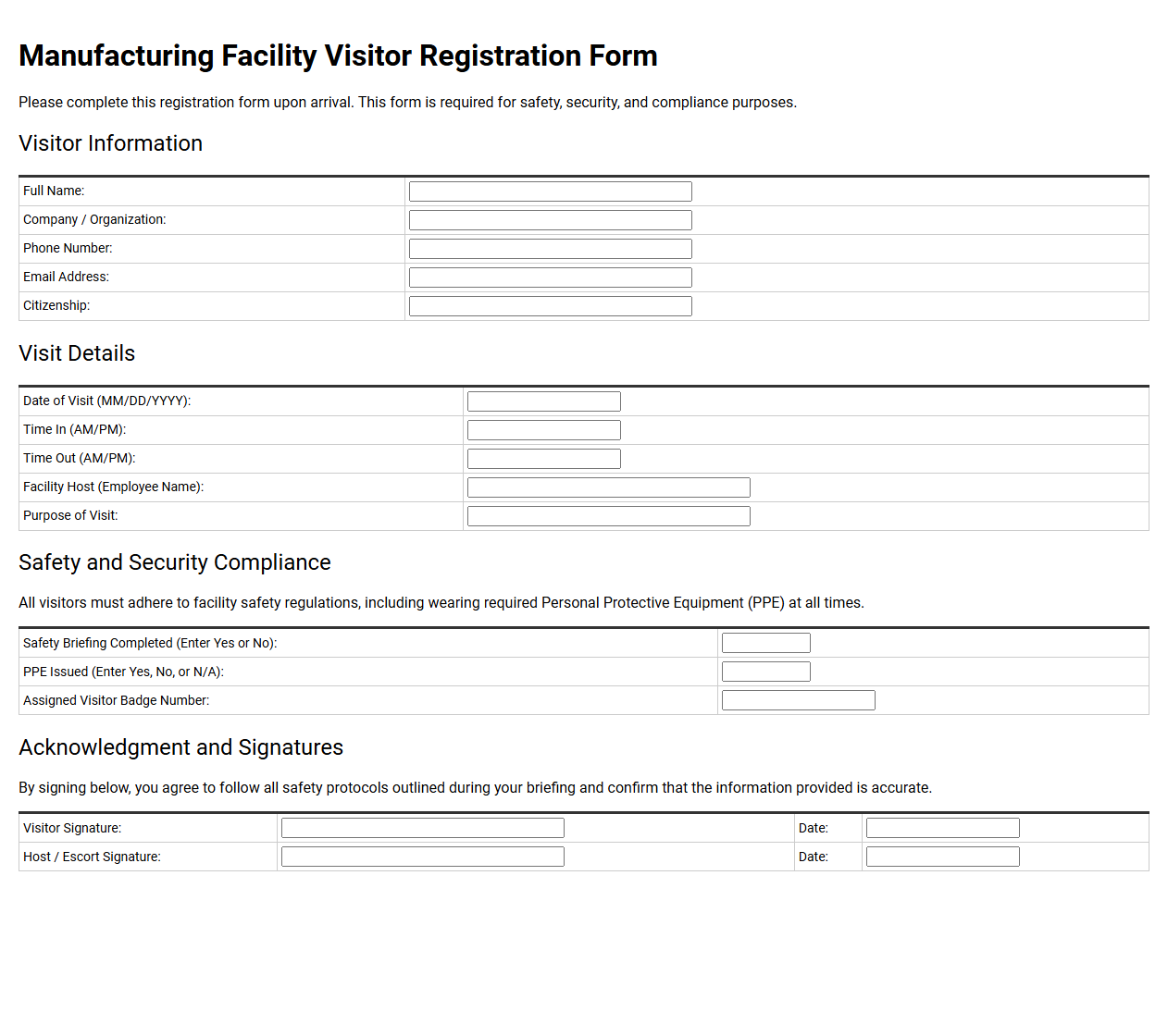 Manufacturing Facility Visitor Registration Form