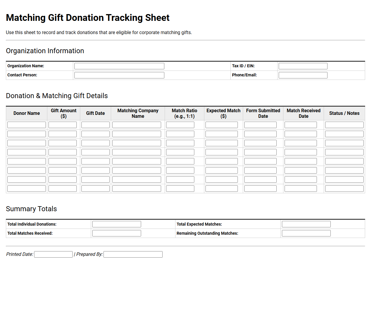 Matching Gift Donation Tracking Sheet