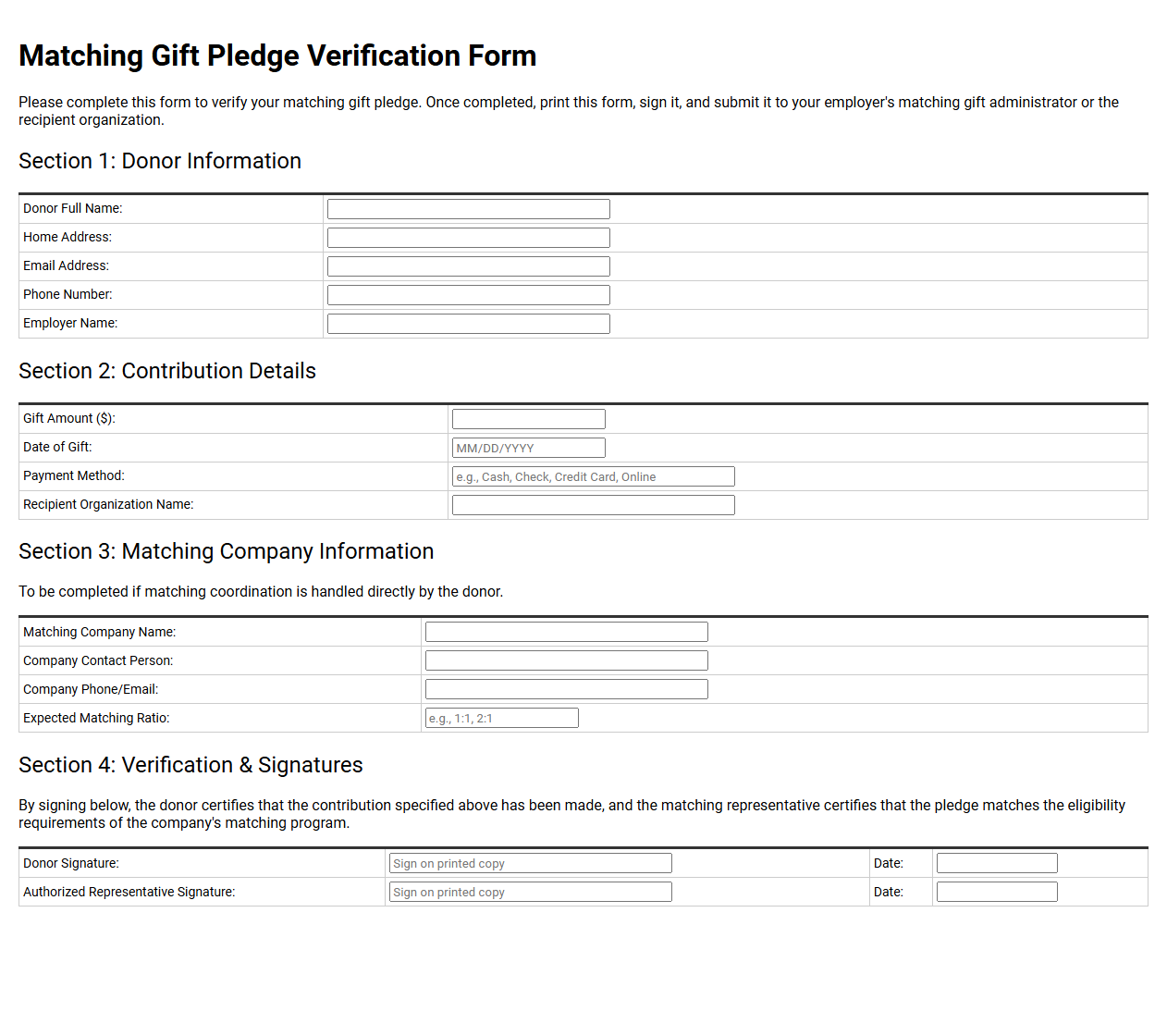 Matching Gift Pledge Verification Form
