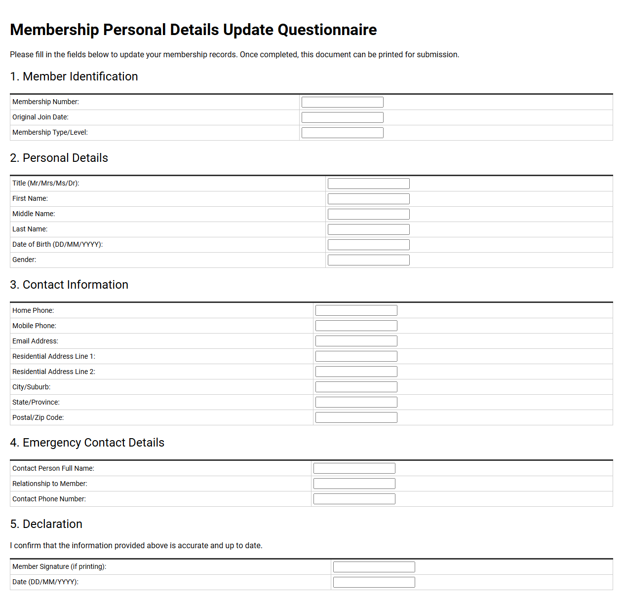Membership Personal Details Update Questionnaire