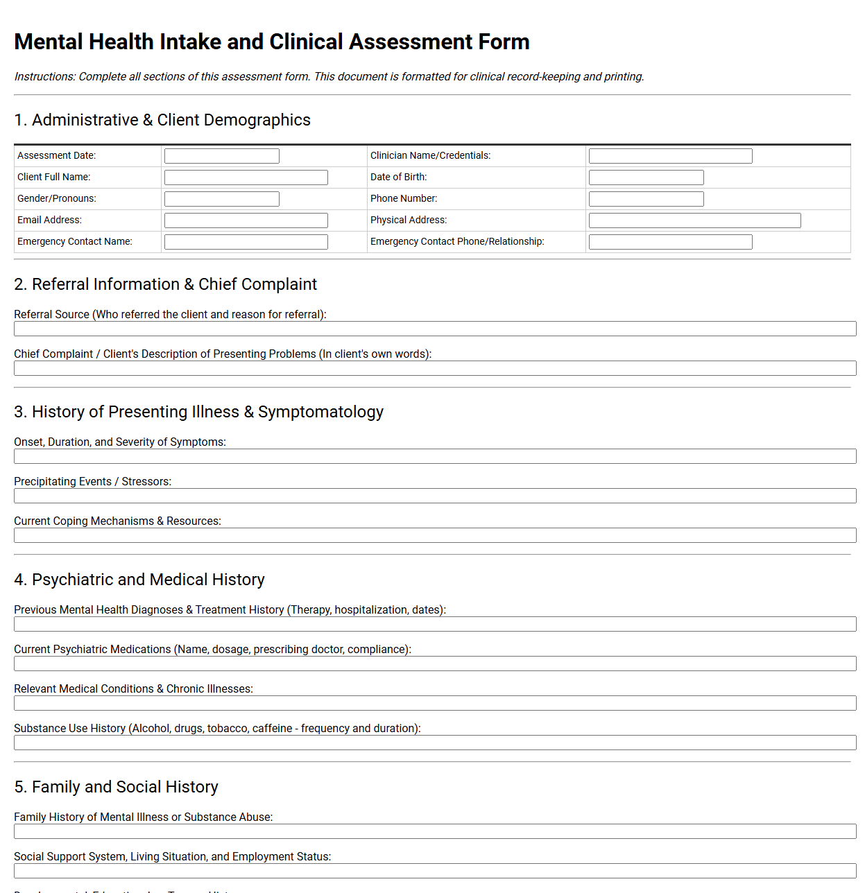 Mental Health Intake and Clinical Assessment Form