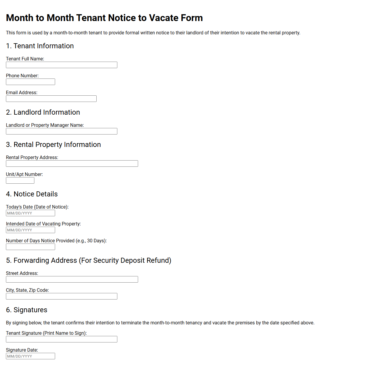 Month to Month Tenant Notice to Vacate Form