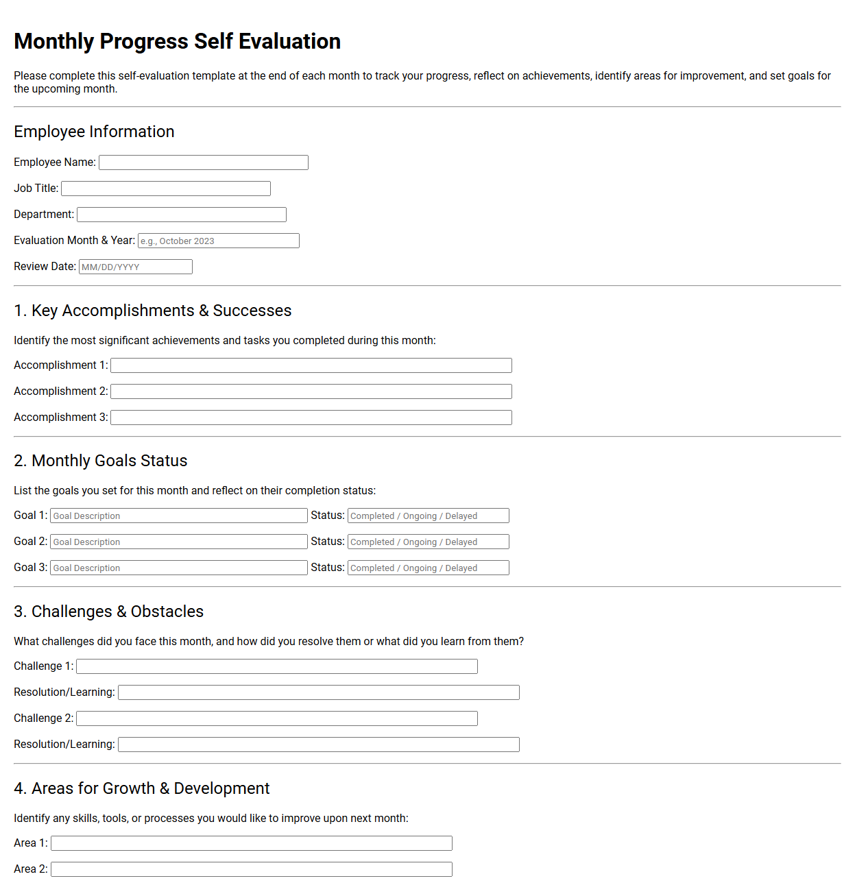 Monthly Progress Self Evaluation Template