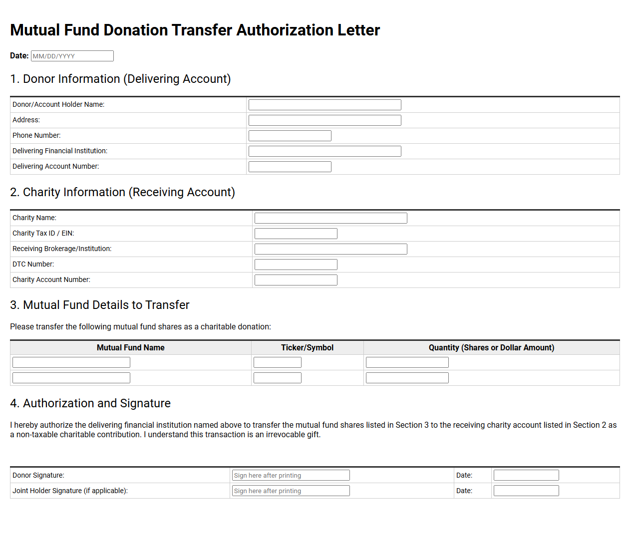 Mutual Fund Donation Transfer Authorization Letter