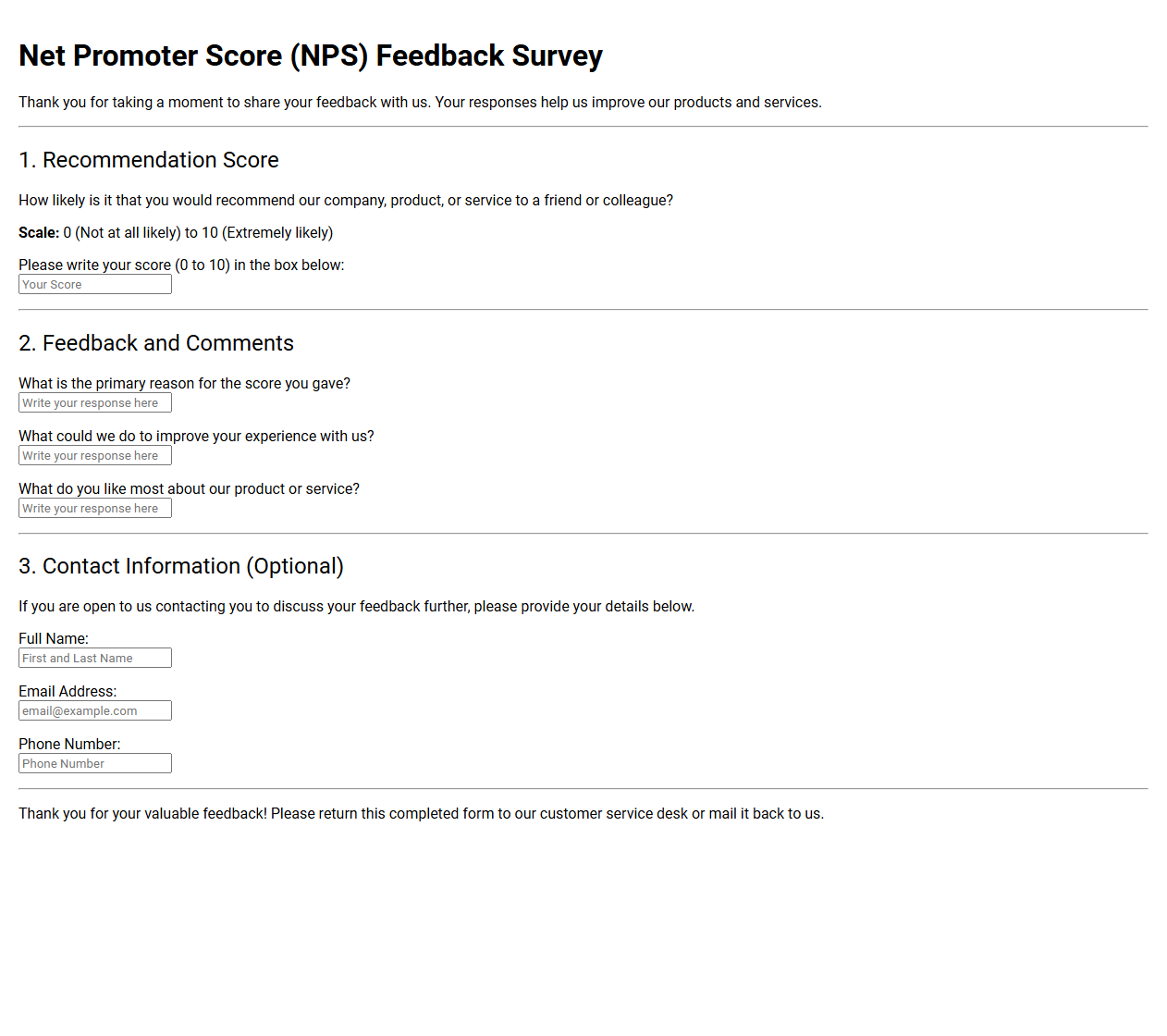 Net Promoter Score Feedback Survey Template