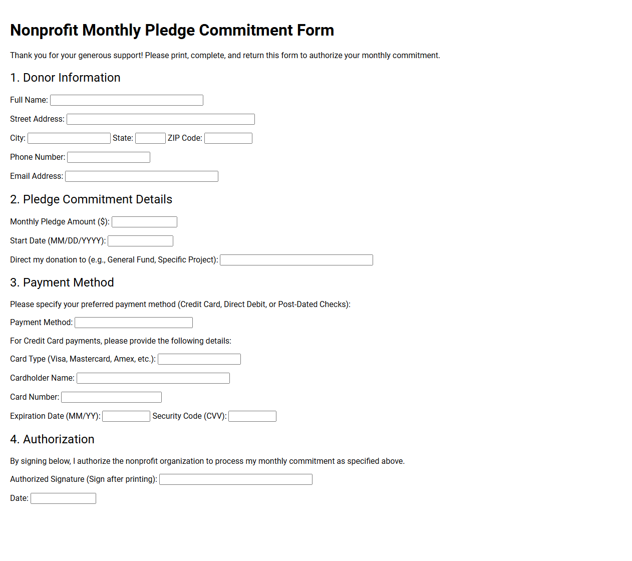 Nonprofit Monthly Pledge Commitment Form