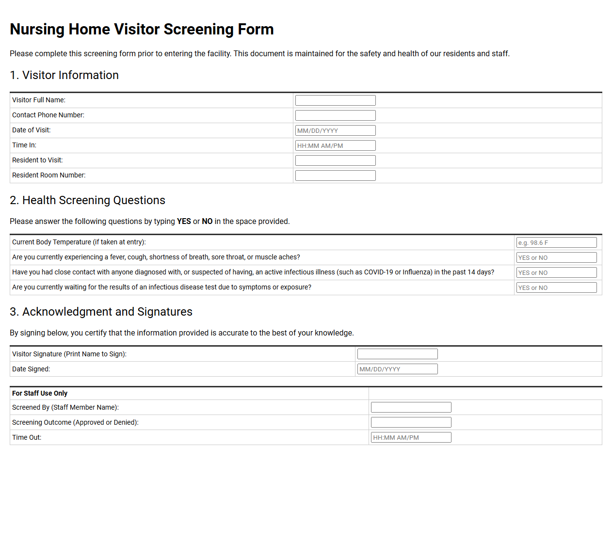 Nursing Home Visitor Screening Template