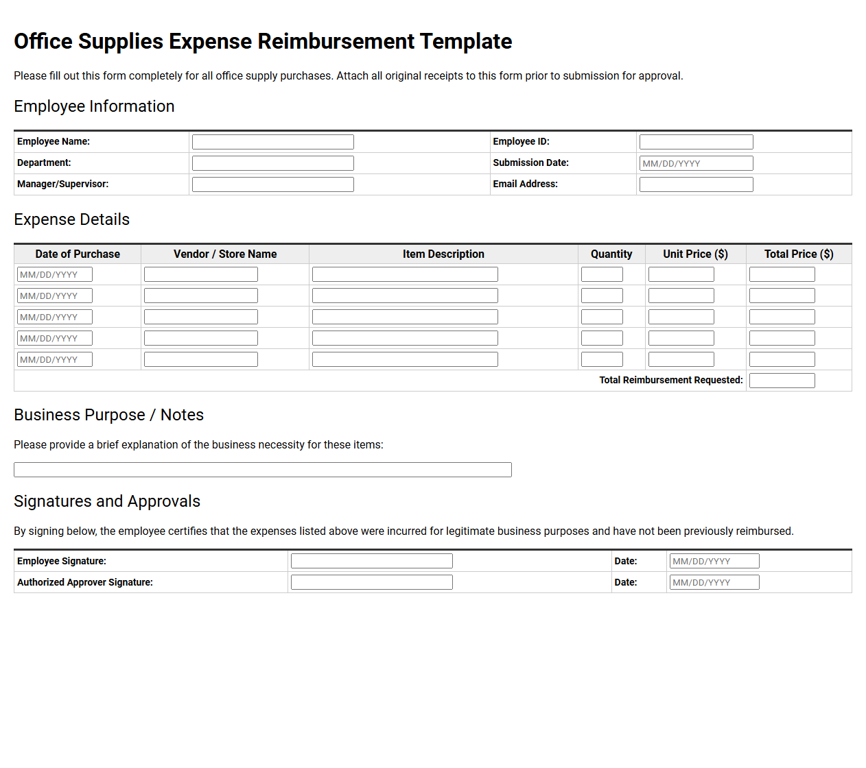 Office Supplies Expense Reimbursement Template