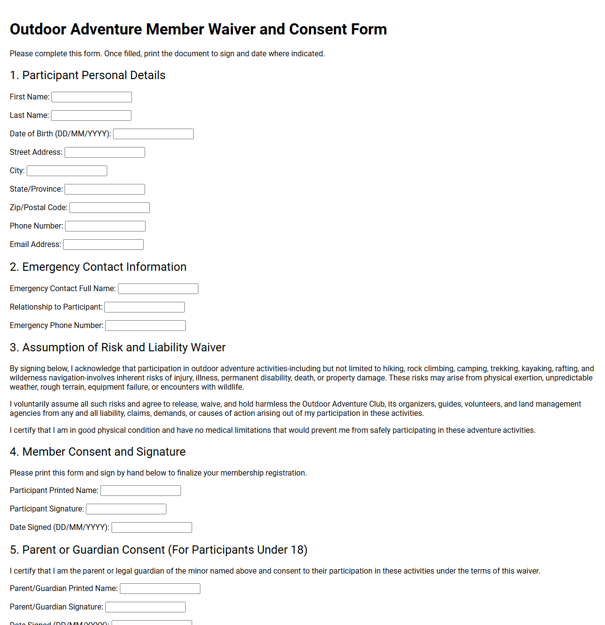 Outdoor Adventure Member Waiver and Consent Form